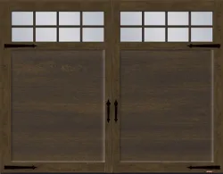 Porte de garage de style traditionnel, modèle Eastman E-11, 9' x 7', porte et moulures Argile Noyer chocolaté Faux bois avec fenêtre Panoramique 8 carreaux