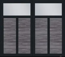 Porte de garage de style traditionnel, modèle Princeton P-12, 8' x 7', porte Gris patiné Faux bois et moulures Noir avec fenêtre Clair