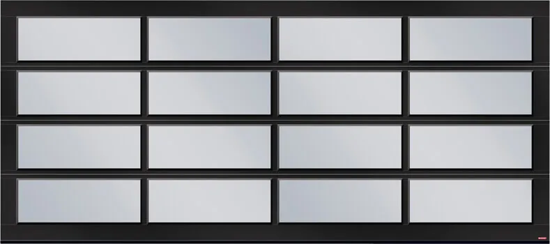 Porte de garage toute vitrée California avec configuration de base, profilé en aluminium noir, 18 pied de large